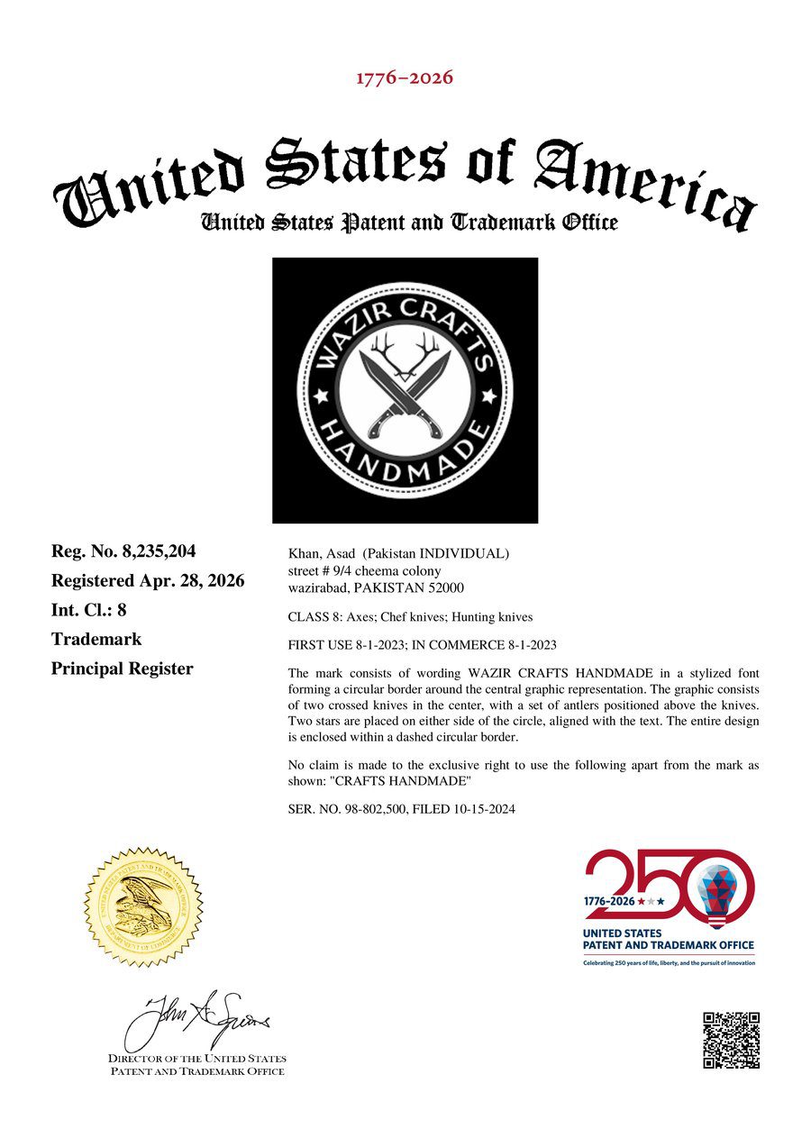 WazirCraftsHandmade USPTO registered trademark certificate